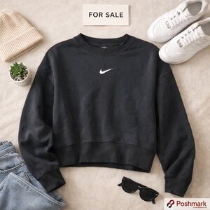 Nike Black Women's Cropped Crew Sweatshirt with White Swoosh